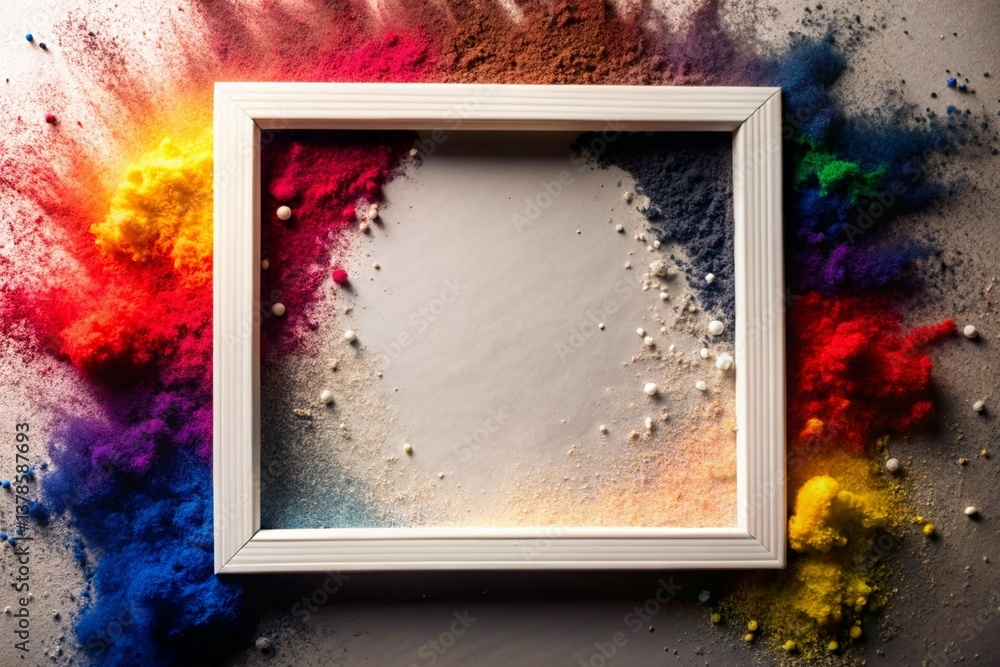 Poster vibrant rainbow holi powder explodes around a white frame border, creating a dynamic copy space desi