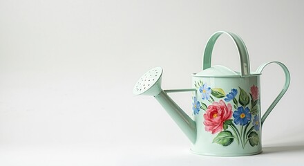 Metal watering can decorated with colorful flower paintings, isolated on a white background, perfect for gardening and plant care