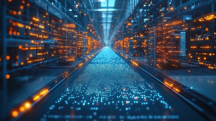Server room illuminated with golden lights and blue digital pathway effect