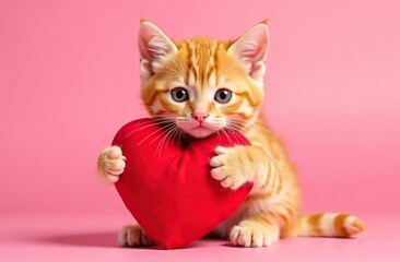 Ginger kitten hugging toy red heart. Cute cat on pink background. Valentine's Day love concept. Banner, advertisement, billboard for animal shelter, veterinary clinic