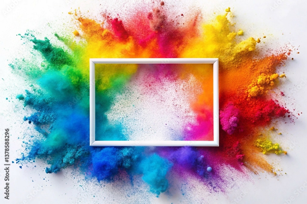 Poster vibrant rainbow holi powder explodes around a white frame border, creating a dynamic copy space desi