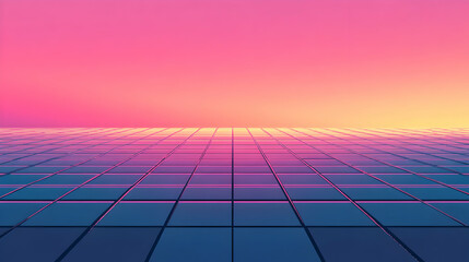 Abstract Grid Perspective with Pink and Purple Sunset Gradient Sky Above Horizon in Futuristic Rendering and Geometric Tile Pattern Design