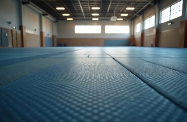 Empty gym with blue tatami mats floor. Sunlight falls from windows. Wrestling, judo, martial arts, karate training space. Fitness center hall for sport activity. Background building with lights.