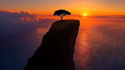 Silhouetted tree atop cliff overlooking ocean at sunset, with orange sky