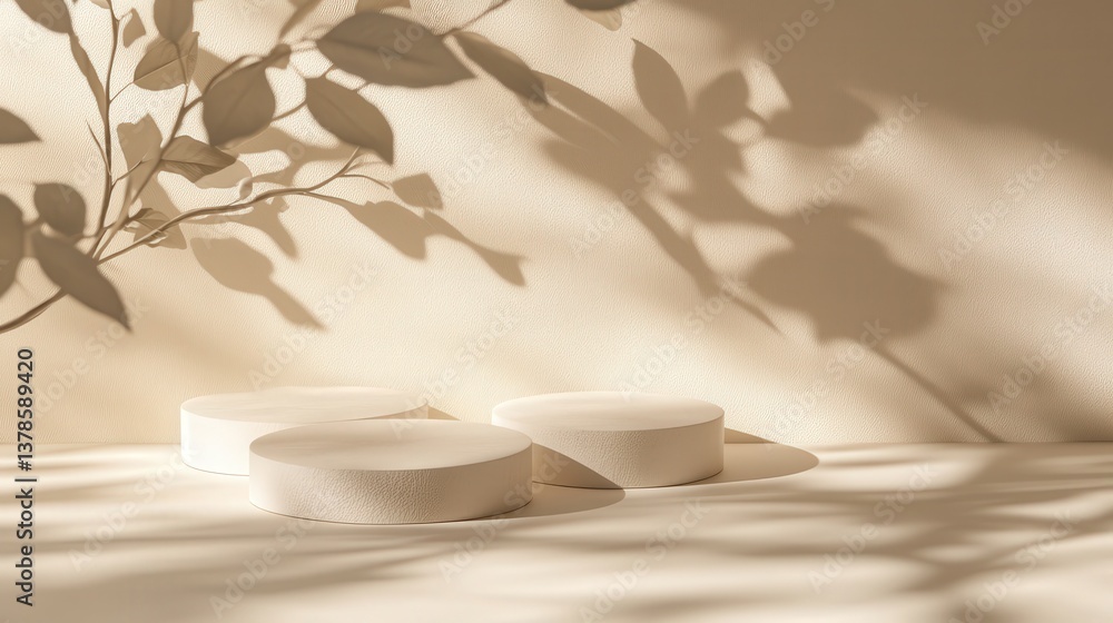 Poster minimal design with clean circle podiums on a beige background. tree leaf shadows gently overlay the