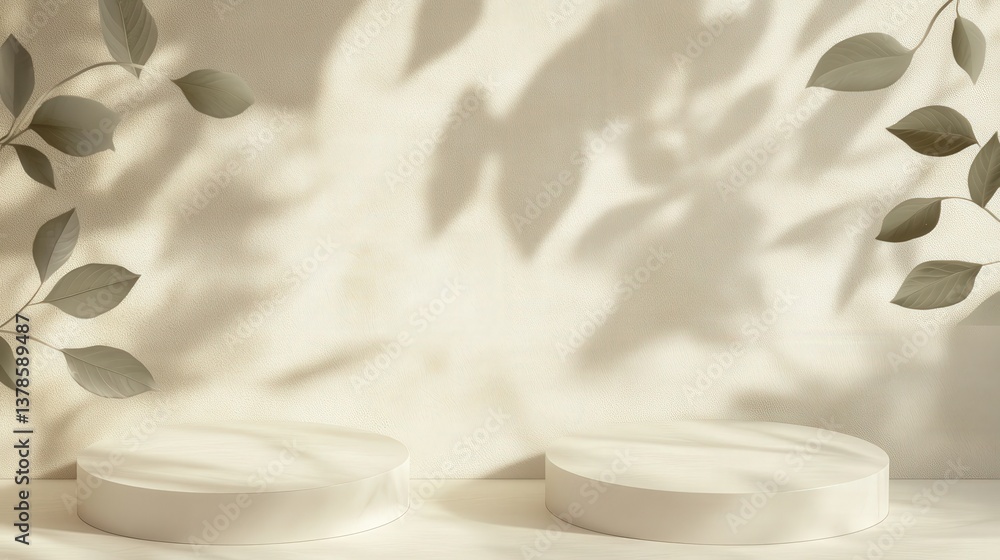 Poster minimal design with clean circle podiums on a beige background. tree leaf shadows gently overlay the