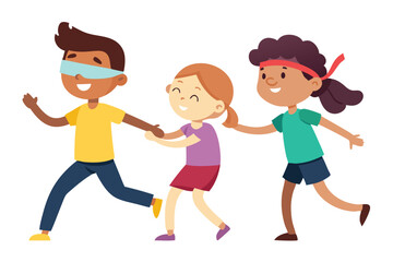 Cartoon Kids Playing Blind Mans Bluff Guiding Each Other on White Background
