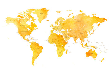 World Map Watercolor - Art Decorative Illustration of the World Map in Bright Yellow Orange Sunny Colors - Ideally for Interior Print