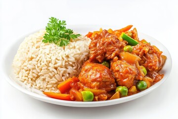 Fototapeta premium Food dish menu with jollof chicken, white rice, and mixed vegetables. AI generated illustration.