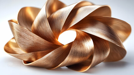 Abstract Metallic Sculpture with Geometric Shape on White Backdrop with Creative Spiral and Ripple Pattern