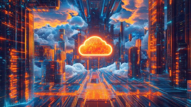 A digital illustration featuring a neon-lit cityscape with glowing lines forming a grid pattern.