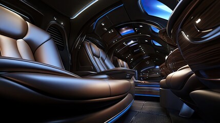 Luxurious private aircraft cabin interior with brown leather seats and ambient lighting