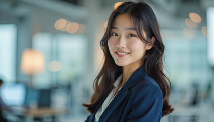 Fototapeta premium A portrait headshot photo of a friendly professional CEO executive business worker: A smiling young Asian businesswoman in a navy suit confidently looks at the camera in a modern office setting.