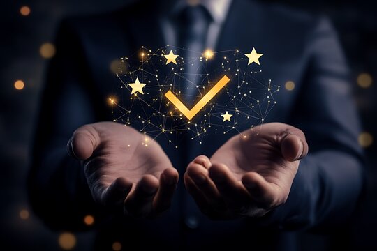 Human Hands Presenting Glowing Check Mark and Stars on Abstract Connected Nodes