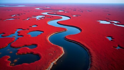 Swirling water road on red wetland
