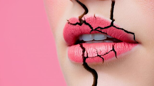 Close-up highlighting chapped lips on bright background, skin disease or harm from cosmetics concept