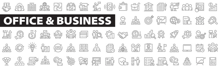 Office and Business icon set. Business team, meeting, partnership, startup, planning, company, management, profit, successful, teamwork, documents, devices, and more. Vector illustration