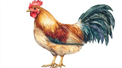 Striking photograph of a hen standing confidently on a plain white background