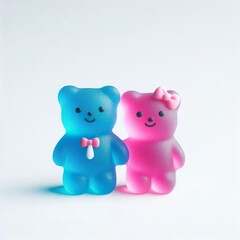Happy couple gummy bear in cyan blue and pink magenta color, on a white background