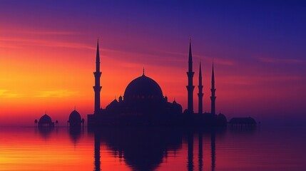 Fototapeta premium orange and purple, the shadow of a mosque reflects peace and spirituality at dusk.