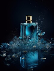 Elegant blue perfume bottle, gold cap, and a splash of water create a captivating, mysterious scene. Reflections and blue florals add to the allure