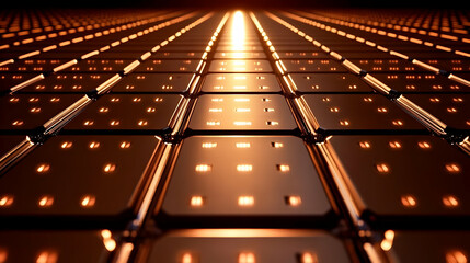 Abstract Perspective of Copper Grid Pattern with Geometric Shapes and Central Light Source Creating Modern Industrial Texture