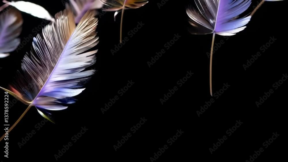 Poster a black background with a bunch of colorful feathers flying in the air. the feathers are of differen