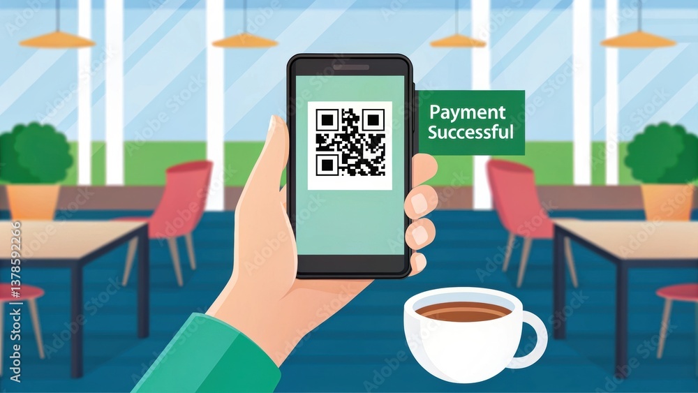 Poster a person holds a smartphone displaying a qr code with a notification of a successful payment, alongs