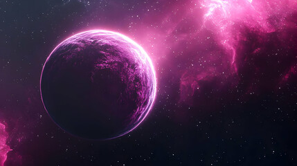 Abstract Pink Planet in Deep Space with Glittering Stars and Nebulous Background Creating a Science Fiction Ambiance