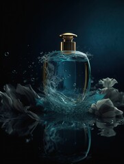 Mesmerizing splash! A glass perfume bottle releases vibrant blue water, reflecting light and accented by delicate white flowers. Ethereal and elegant
