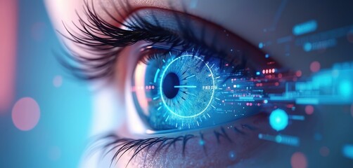 Futuristic eye with digital interface. Advanced tech provides real-time health analytics. Innovation, diagnostic, surveillance, tracking systems. Artificial intelligence, biometric data, futuristic