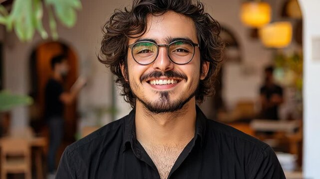 Smiling man in glasses, confident and friendly cafe setting