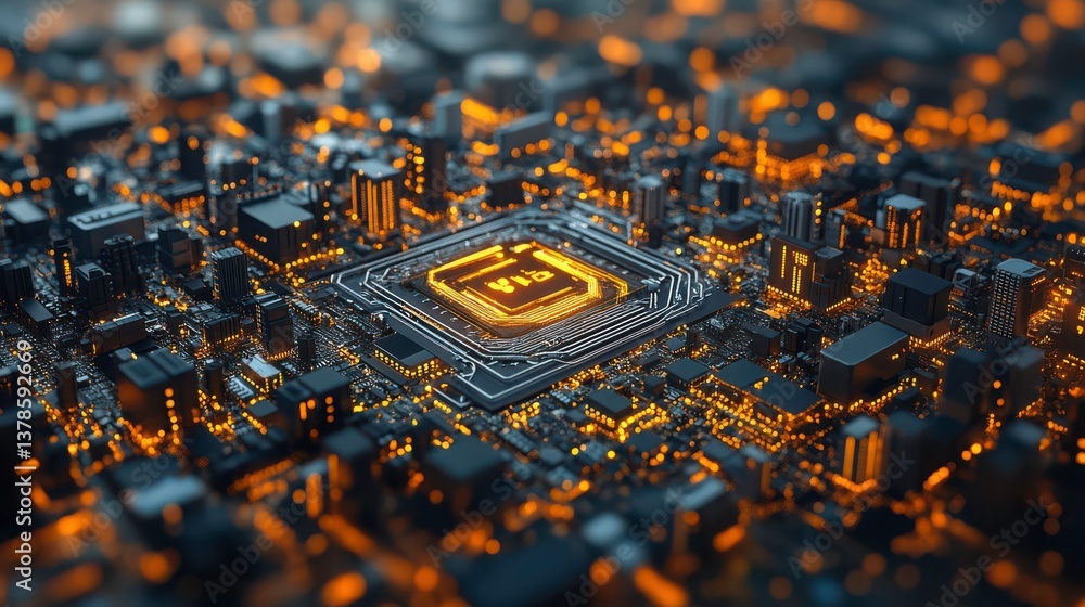 Aufkleber intricate motherboard architecture with gleaming, interconnected circuits forming a cityscape