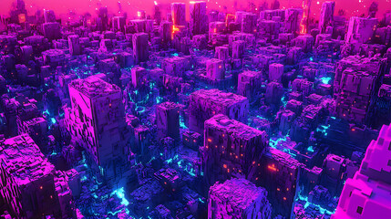 Abstract Pixelated Cityscape with Neon Lights in Purple and Blue Futuristic Urban Design and Geometric Structures