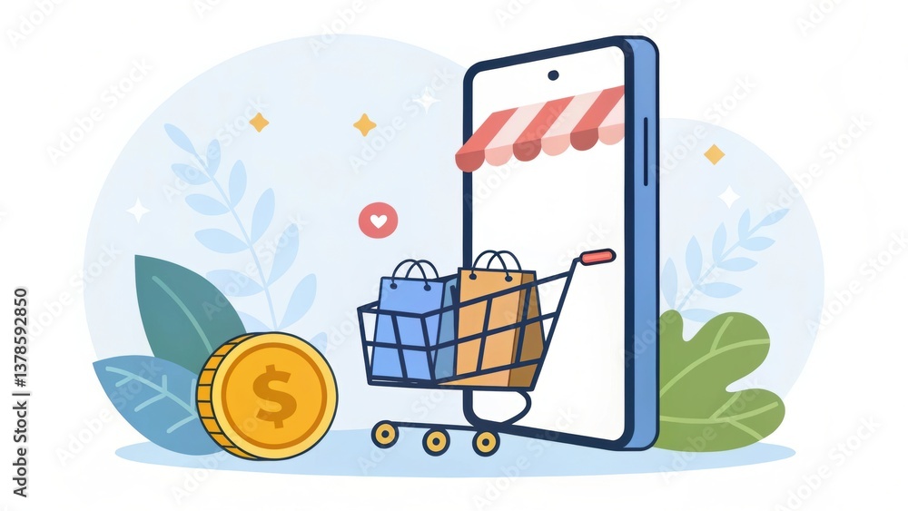 Poster shopping concept illustrated with a smartphone displaying a cart filled with items and a coin, set a