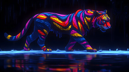 Abstract Pixelated Tiger with Neon Brushstrokes on Dark Reflective Surface Generative Art
