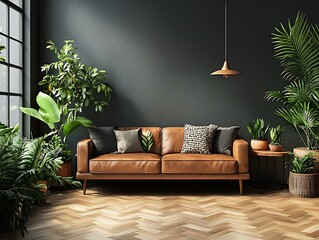 Interior with Brown Sofa, Plants, Decorative Pillows, Wooden Side Table and Parquet Floor