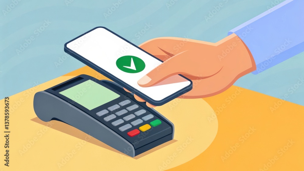 Poster a hand using a smartphone to make a contactless payment at a card reader on a table.