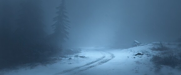 Winter road covered in snow and fog, surrounded by trees under a dim, chilly, blue light
