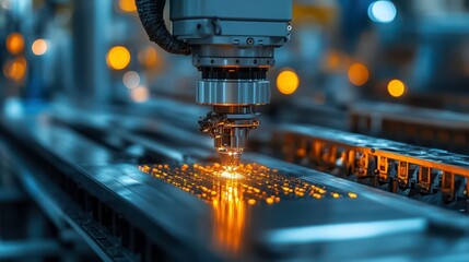 Precision industrial laser cutting process creating sparks on shiny metal sheet