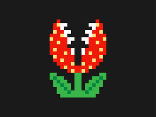 Biting, eating flower 8-bit element. Flytrap plant pixel game art icon. 