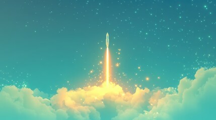 Rocket launching into a cosmic sky filled with stars and clouds.