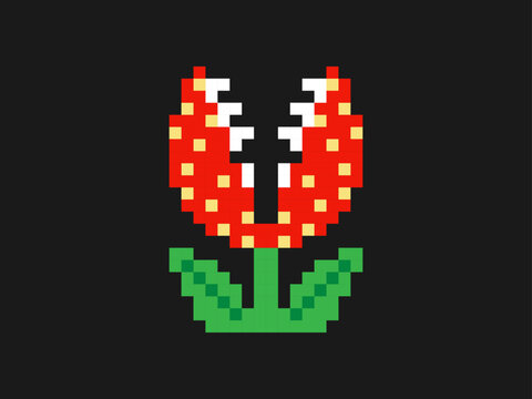 Biting, eating flower 8-bit element. Flytrap plant pixel game art icon. 