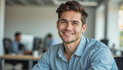 Obraz premium A portrait headshot photo of a friendly professional CEO executive business worker: A smiling young man with dark hair and stubble sits in a modern office, looking directly at the camera with a c