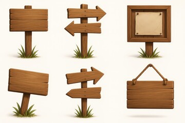 Collection of Rustic Wooden Signs: Arrows, Blank Boards, Hanging Sign for Rustic Designs, Game UI, and More