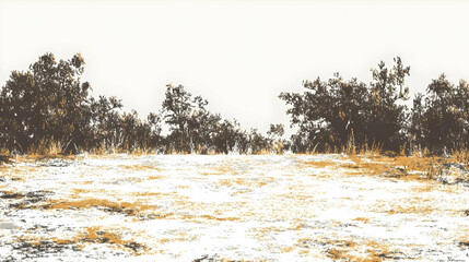 Abstract Rural Landscape Featuring a Grassy Field Surrounded by Trees in Neutral Tone Under a Bright Cloudy Sky Creating a Peaceful and Serene Atmosphere