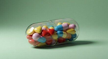 Colorful Pills and Heart Shapes in Clear Capsule on Green Background