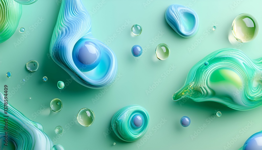 Poster a vibrant abstract image featuring layered fluid shapes and glossy droplets in shades of blue and gr