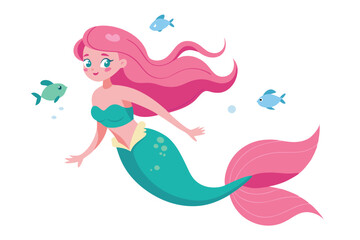 Charming Pinkhaired Mermaid with Fish on White Background Cartoon