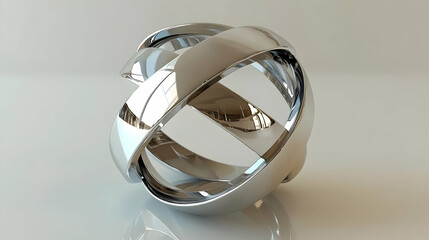 Abstract Silver Metallic Geometric Sphere with Intricate Pattern on Reflective White Surface